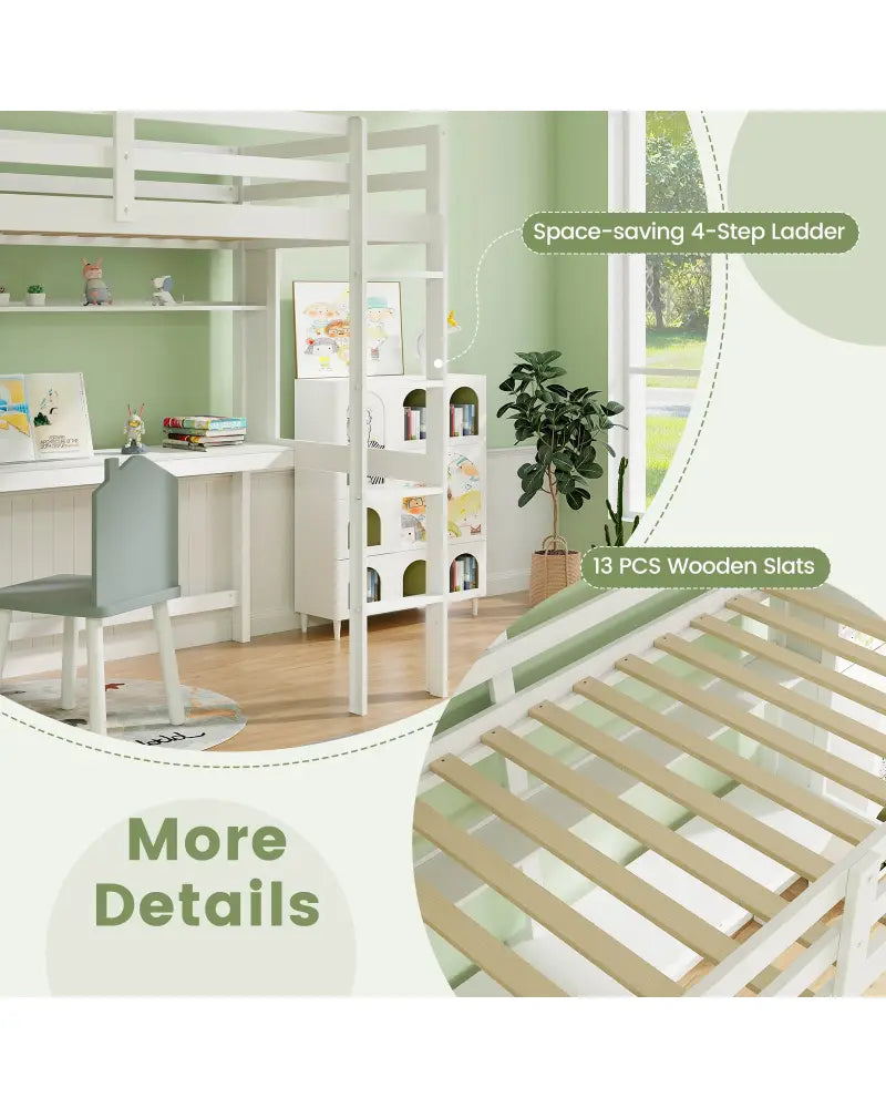 Twin Size Solid Wood Slatted Loft Bed Frame with Safety Guardrail for Kid-White - White - Bunk Bed Frame