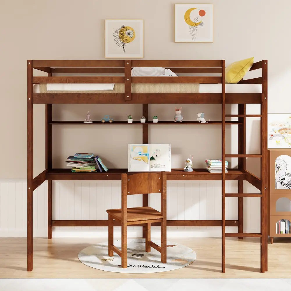 Twin Size Solid Wood Slatted Loft Bed Frame with Safety Guardrail for Kid-Brown - Brown - Bunk Bed Frame