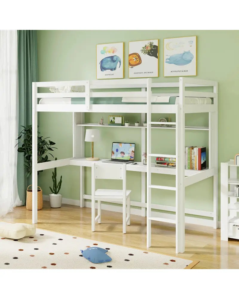 Twin Size Solid Wood Slatted Loft Bed Frame with Safety Guardrail for Kid-White - White - Bunk Bed Frame