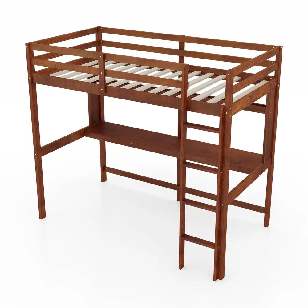 Twin Size Solid Wood Slatted Loft Bed Frame with Safety Guardrail for Kid-Brown - Brown - Bunk Bed Frame