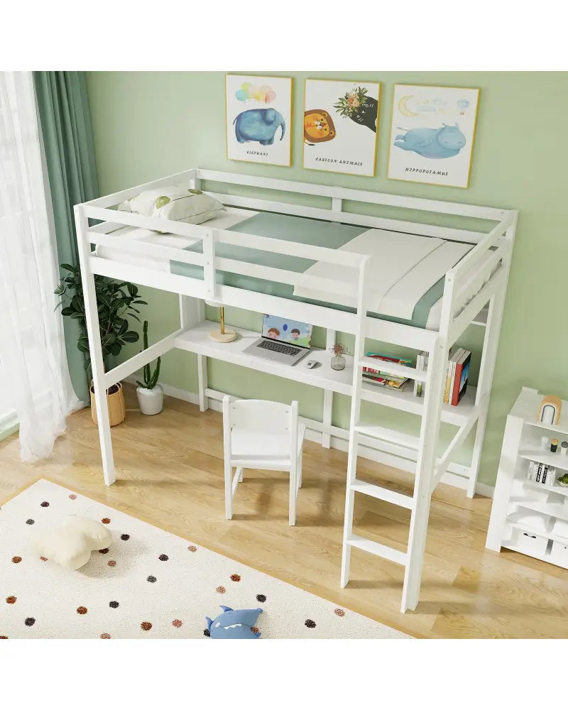 Twin Size Solid Wood Slatted Loft Bed Frame with Safety Guardrail for Kid-White - White - Bunk Bed Frame