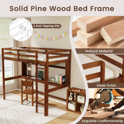 Twin Size Solid Wood Slatted Loft Bed Frame with Safety Guardrail for Kid-Brown - Brown - Bunk Bed Frame