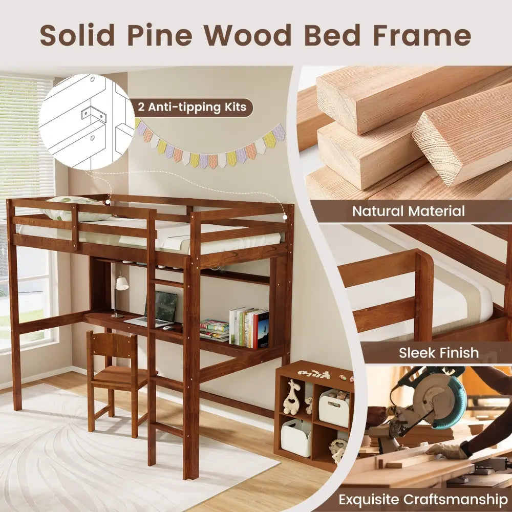Twin Size Solid Wood Slatted Loft Bed Frame with Safety Guardrail for Kid-Brown - Brown - Bunk Bed Frame