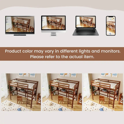Twin Size Solid Wood Slatted Loft Bed Frame with Safety Guardrail for Kid-Brown - Brown - Bunk Bed Frame