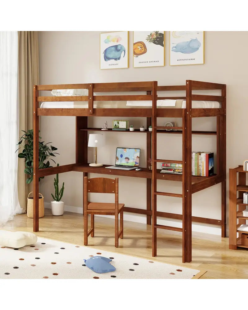 Twin Size Solid Wood Slatted Loft Bed Frame with Safety Guardrail for Kid-Brown - Brown - Bunk Bed Frame