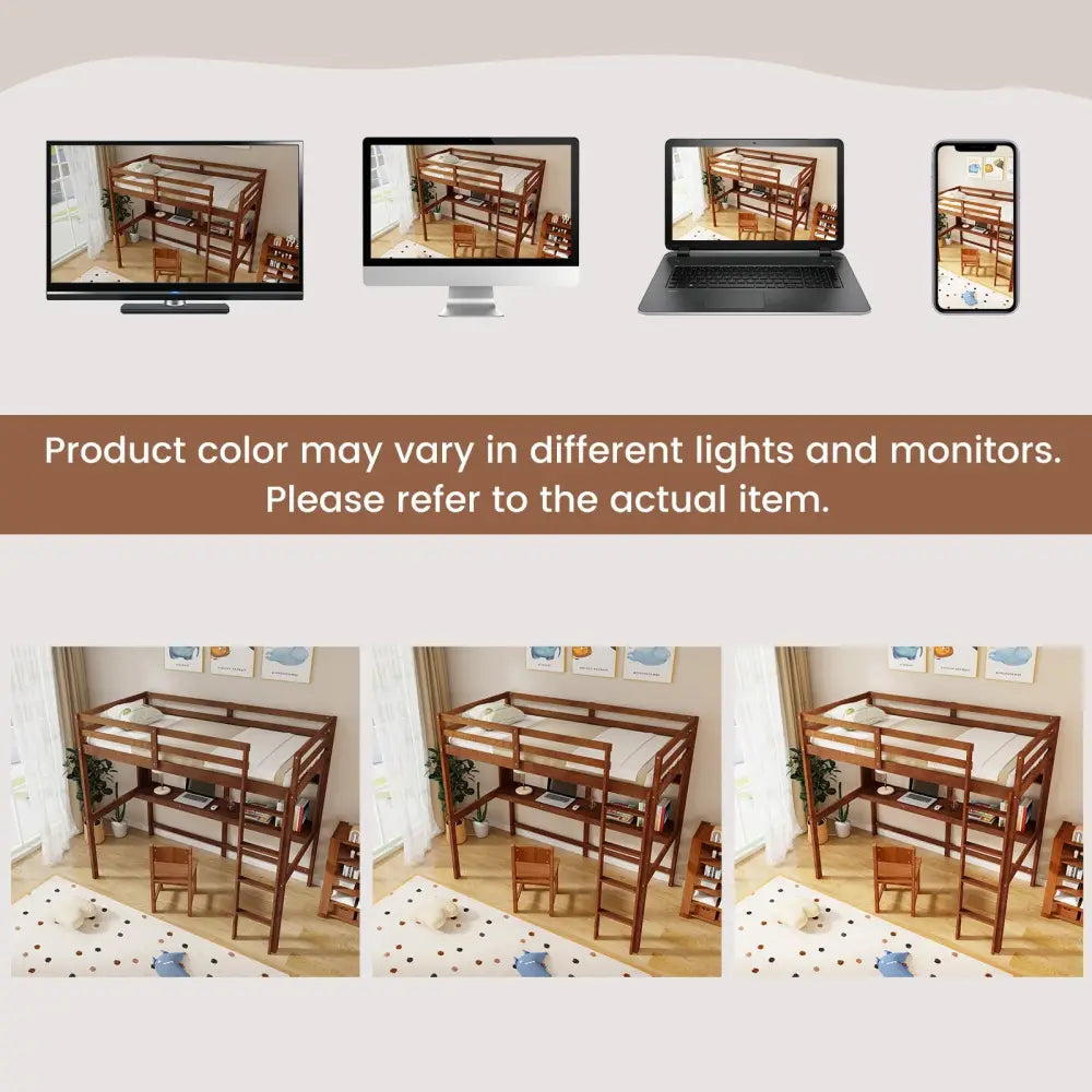 Twin Size Solid Wood Slatted Loft Bed Frame with Safety Guardrail for Kid-Brown - Brown - Bunk Bed Frame
