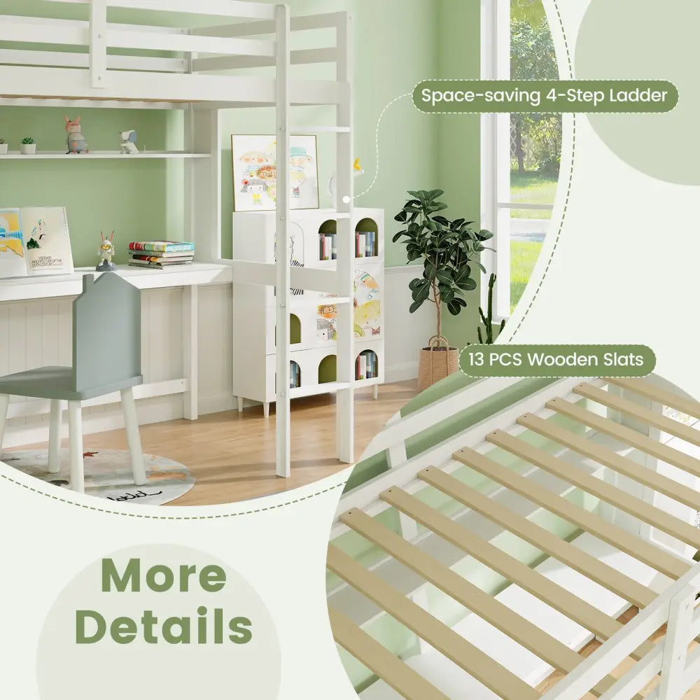 Twin Size Solid Wood Slatted Loft Bed Frame with Safety Guardrail for Kid-White - White - Bunk Bed Frame