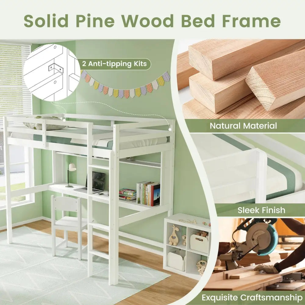 Twin Size Solid Wood Slatted Loft Bed Frame with Safety Guardrail for Kid-White - White - Bunk Bed Frame