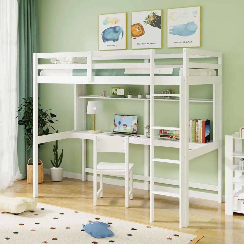 Twin Size Solid Wood Slatted Loft Bed Frame with Safety Guardrail for Kid-White - White - Bunk Bed Frame