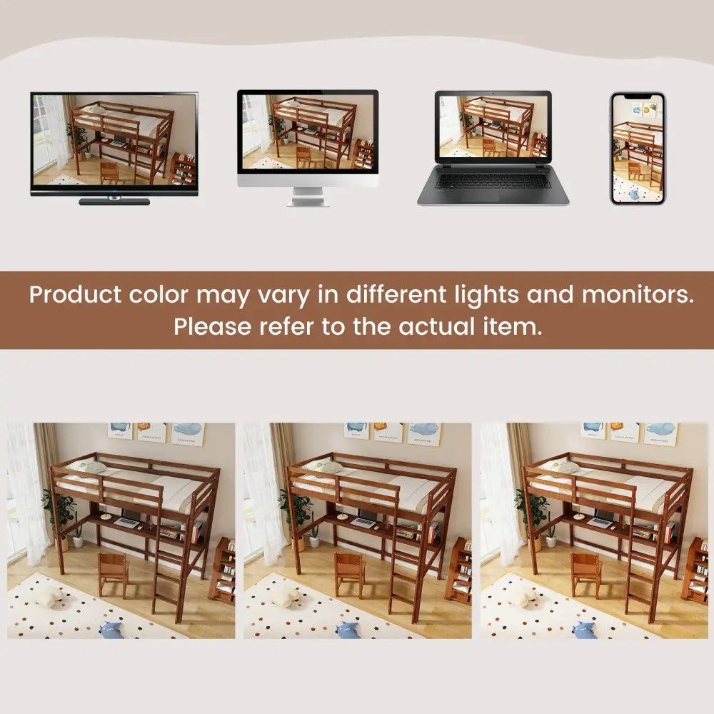 Twin Size Solid Wood Slatted Loft Bed Frame with Safety Guardrail for Kid-Brown - Brown - Bunk Bed Frame
