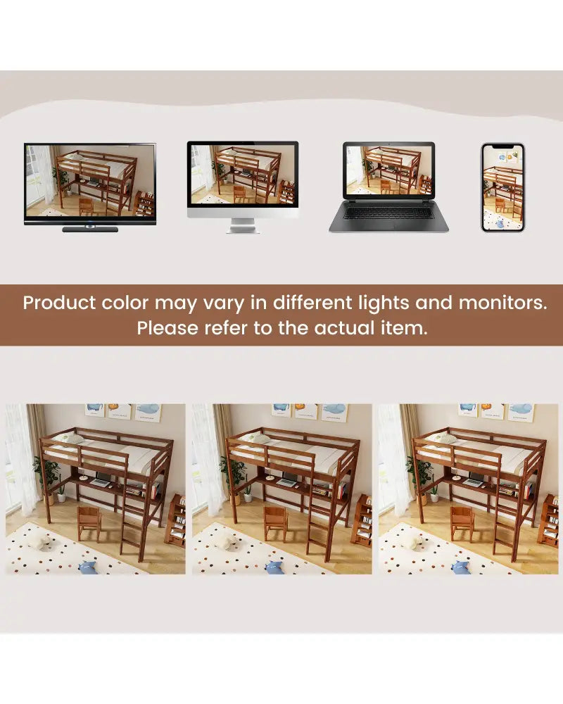Twin Size Solid Wood Slatted Loft Bed Frame with Safety Guardrail for Kid-Brown - Brown - Bunk Bed Frame