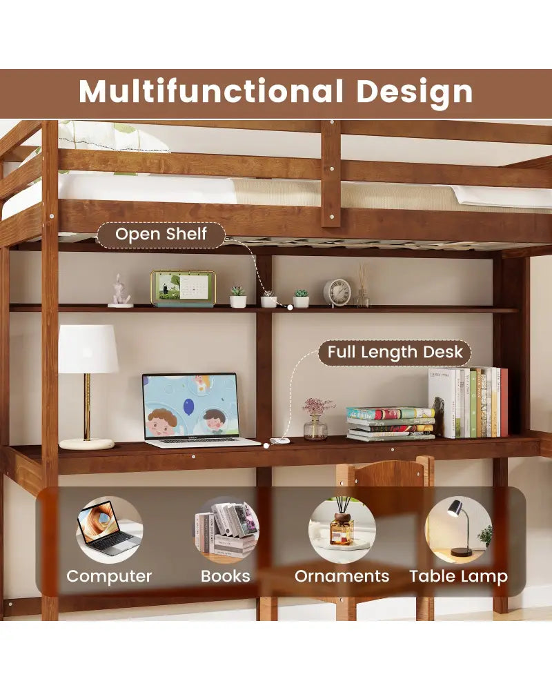 Twin Size Solid Wood Slatted Loft Bed Frame with Safety Guardrail for Kid-Brown - Brown - Bunk Bed Frame