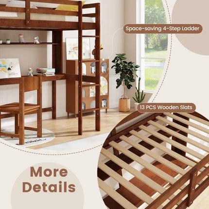 Twin Size Solid Wood Slatted Loft Bed Frame with Safety Guardrail for Kid-Brown - Brown - Bunk Bed Frame