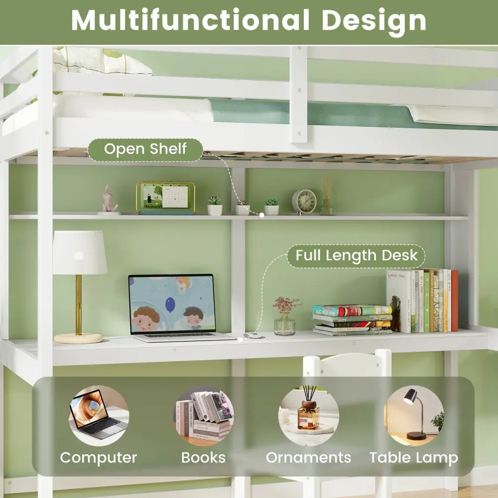 Twin Size Solid Wood Slatted Loft Bed Frame with Safety Guardrail for Kid-White - White - Bunk Bed Frame