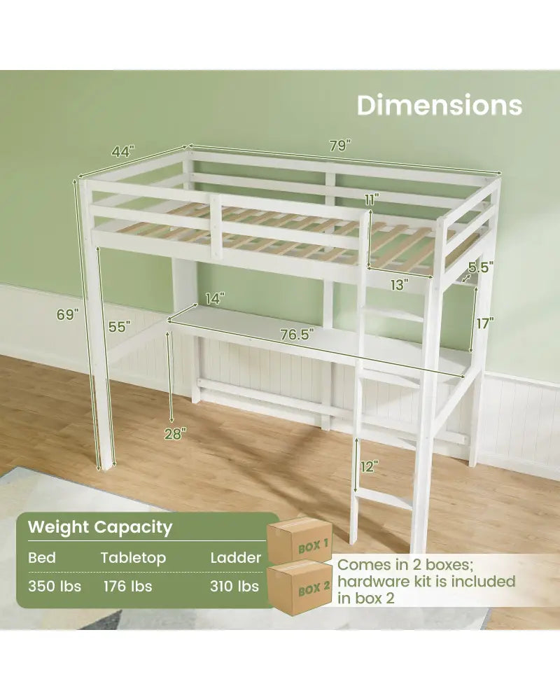Twin Size Solid Wood Slatted Loft Bed Frame with Safety Guardrail for Kid-White - White - Bunk Bed Frame