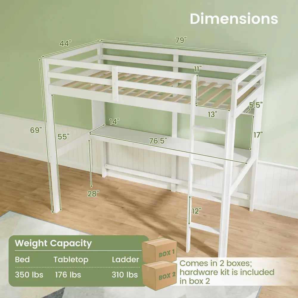 Twin Size Solid Wood Slatted Loft Bed Frame with Safety Guardrail for Kid-White - White - Bunk Bed Frame