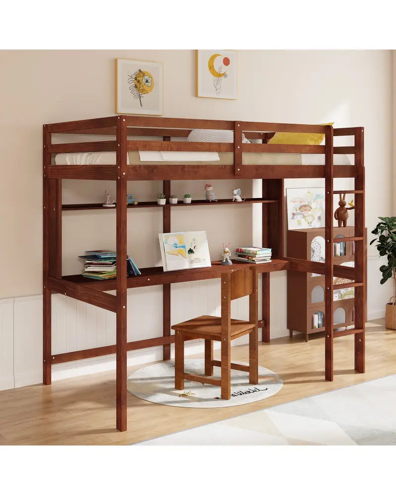 Twin Size Solid Wood Slatted Loft Bed Frame with Safety Guardrail for Kid-Brown - Brown - Bunk Bed Frame