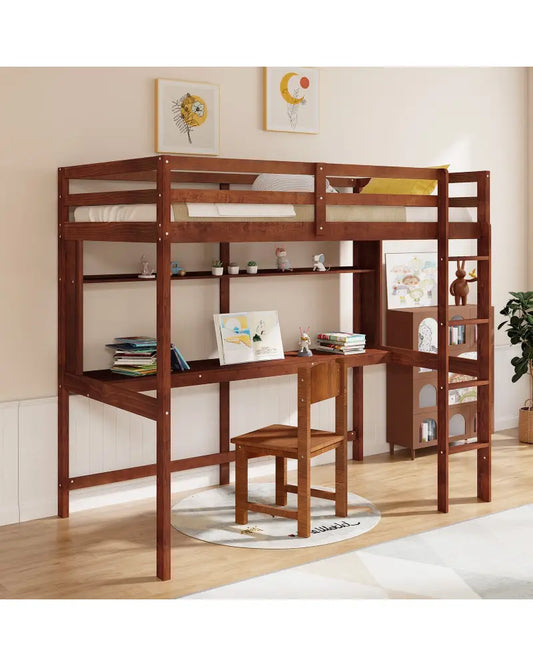 Twin Size Solid Wood Slatted Loft Bed Frame with Safety Guardrail for Kid-Brown - Brown - Bunk Bed Frame