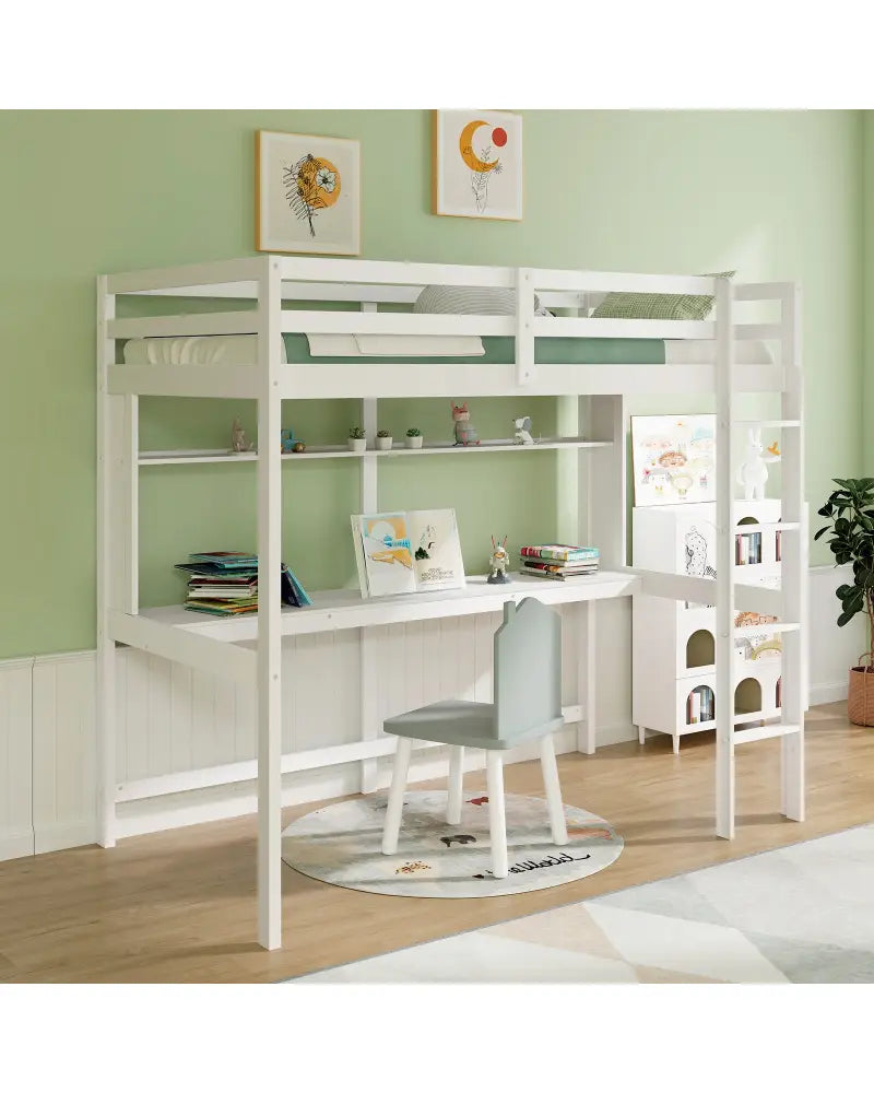 Twin Size Solid Wood Slatted Loft Bed Frame with Safety Guardrail for Kid-White - White - Bunk Bed Frame