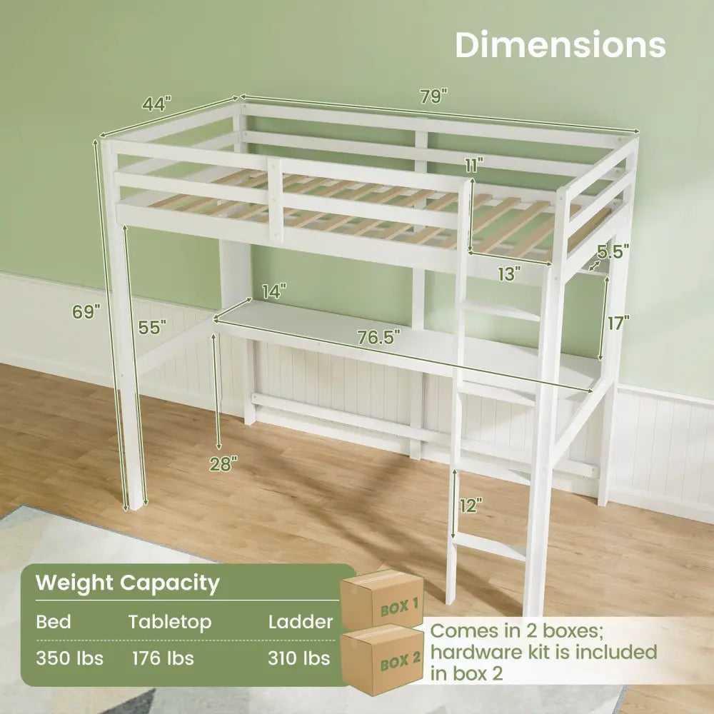 Twin Size Solid Wood Slatted Loft Bed Frame with Safety Guardrail for Kid-White - White - Bunk Bed Frame