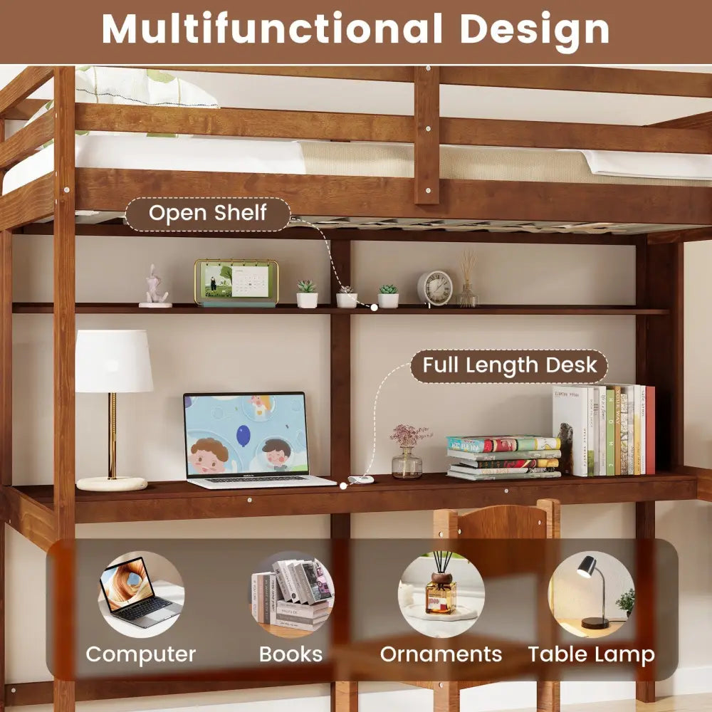 Twin Size Solid Wood Slatted Loft Bed Frame with Safety Guardrail for Kid-Brown - Brown - Bunk Bed Frame