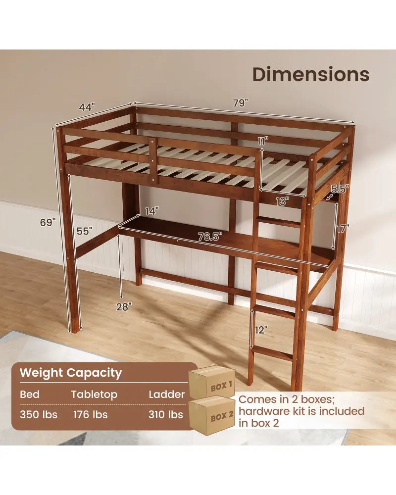 Twin Size Solid Wood Slatted Loft Bed Frame with Safety Guardrail for Kid-Brown - Brown - Bunk Bed Frame