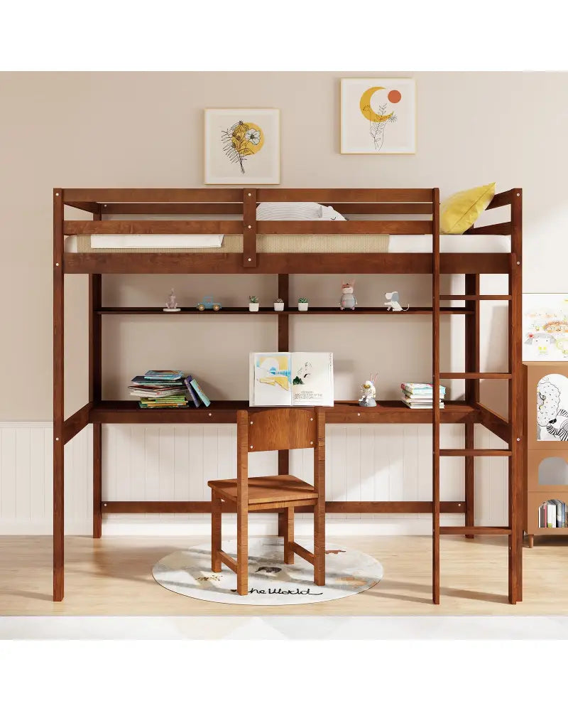 Twin Size Solid Wood Slatted Loft Bed Frame with Safety Guardrail for Kid-Brown - Brown - Bunk Bed Frame