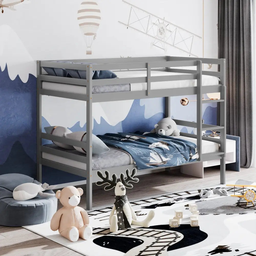 Twin Size Sturdy Wooden Bunk Beds with Ladder and Safety Rail-Gray - Gray - Bunk Bed Frame