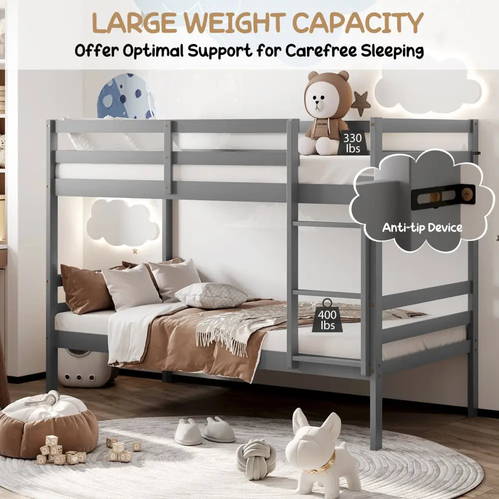 Twin Size Sturdy Wooden Bunk Beds with Ladder and Safety Rail-Gray - Gray - Bunk Bed Frame