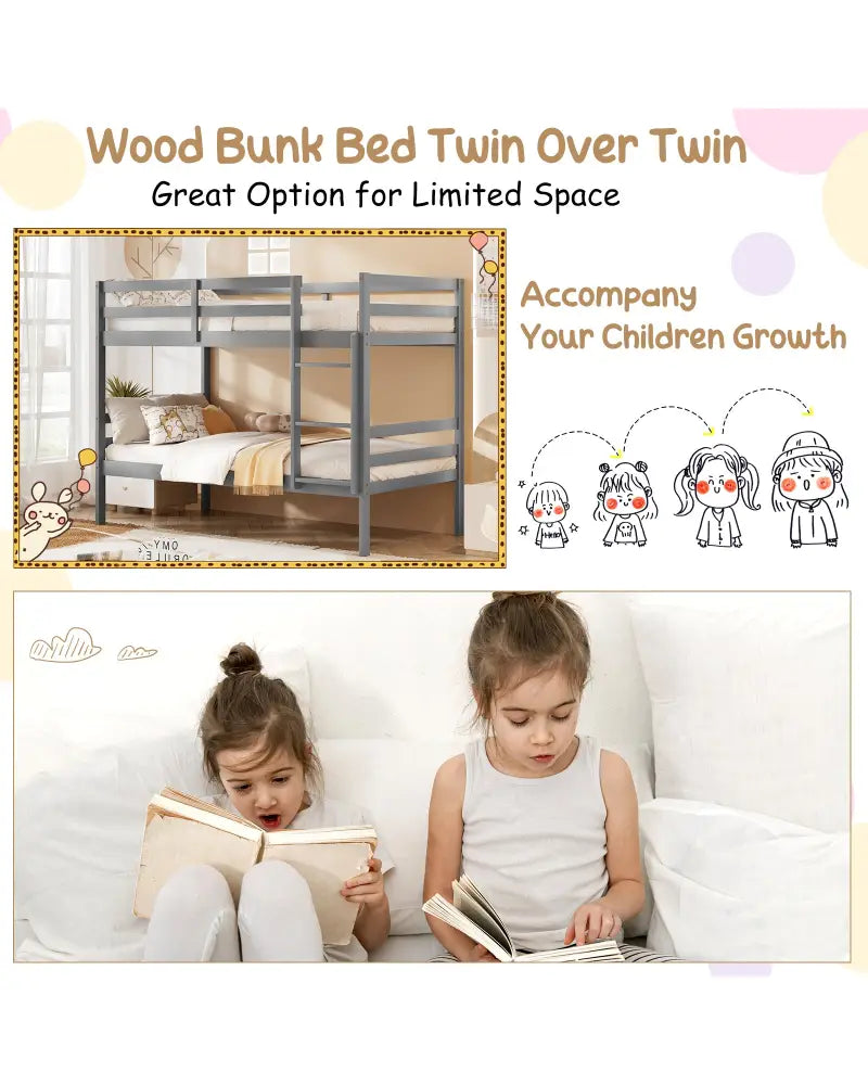Twin Size Sturdy Wooden Bunk Beds with Ladder and Safety Rail-Gray - Gray - Bunk Bed Frame