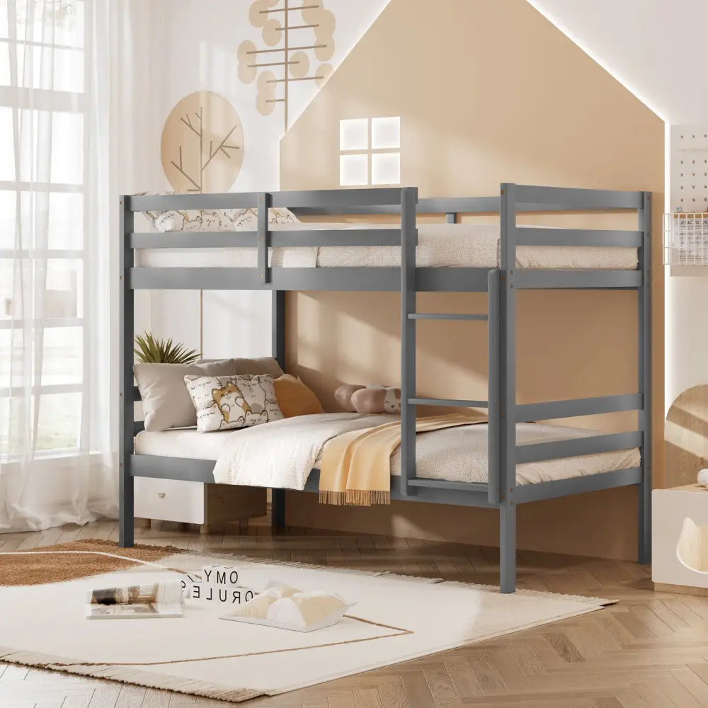 Twin Size Sturdy Wooden Bunk Beds with Ladder and Safety Rail-Gray - Gray - Bunk Bed Frame