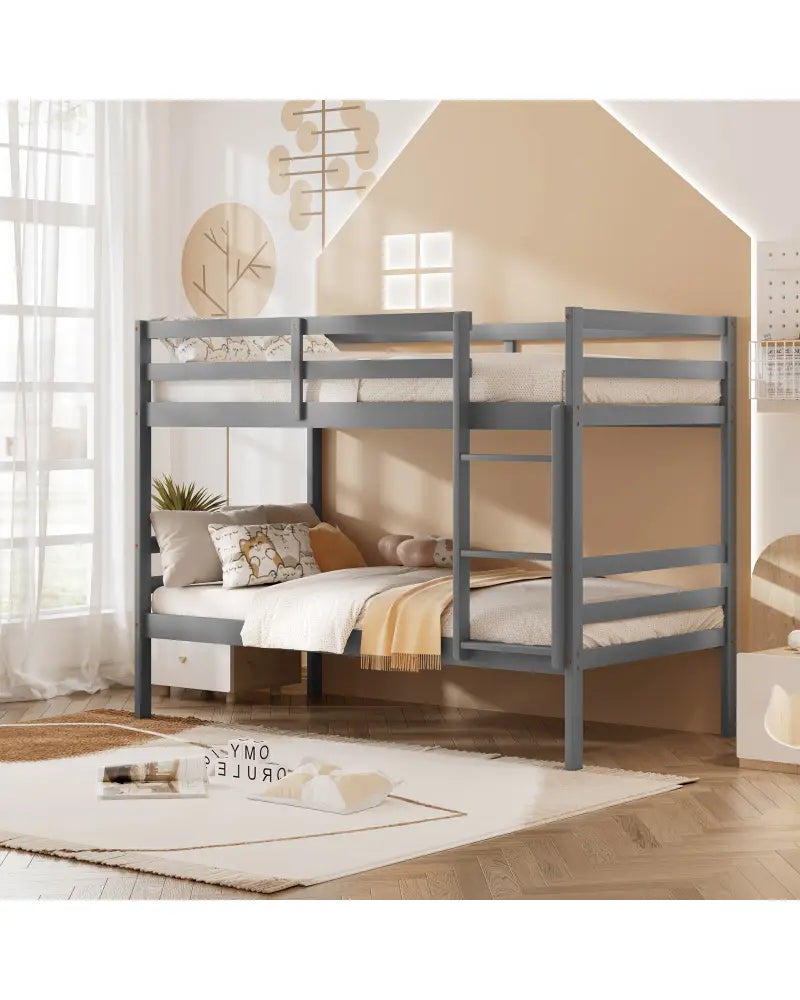 Twin Size Sturdy Wooden Bunk Beds with Ladder and Safety Rail-Gray - Gray - Bunk Bed Frame