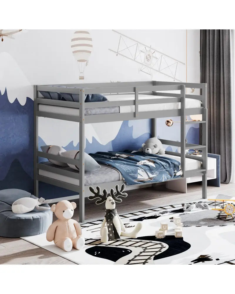 Twin Size Sturdy Wooden Bunk Beds with Ladder and Safety Rail-Gray - Gray - Bunk Bed Frame