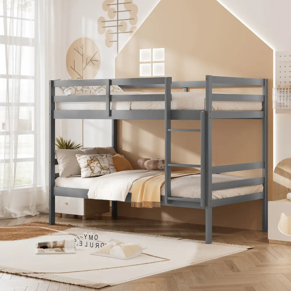 Twin Size Sturdy Wooden Bunk Beds with Ladder and Safety Rail-Gray - Gray - Bunk Bed Frame