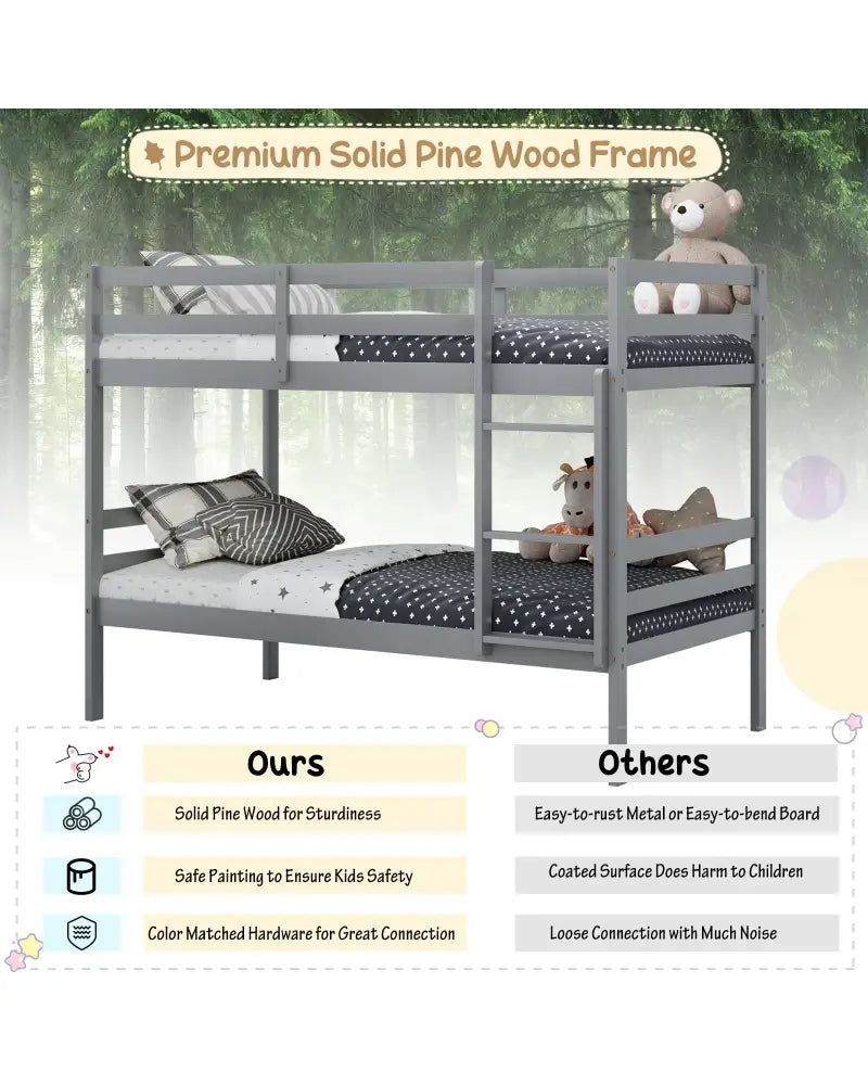 Twin Size Sturdy Wooden Bunk Beds with Ladder and Safety Rail-Gray - Gray - Bunk Bed Frame