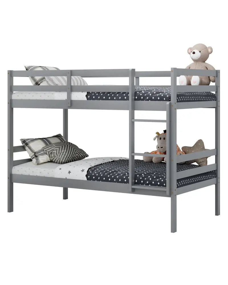 Twin Size Sturdy Wooden Bunk Beds with Ladder and Safety Rail-Gray - Gray - Bunk Bed Frame