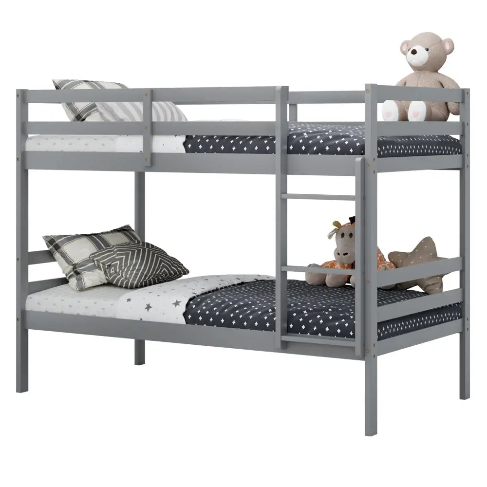 Twin Size Sturdy Wooden Bunk Beds with Ladder and Safety Rail-Gray - Gray - Bunk Bed Frame