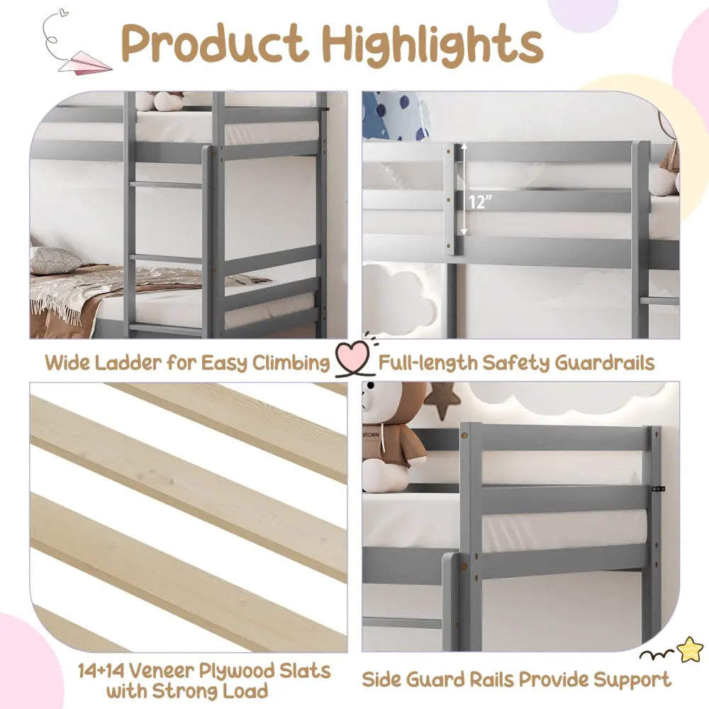 Twin Size Sturdy Wooden Bunk Beds with Ladder and Safety Rail-Gray - Gray - Bunk Bed Frame