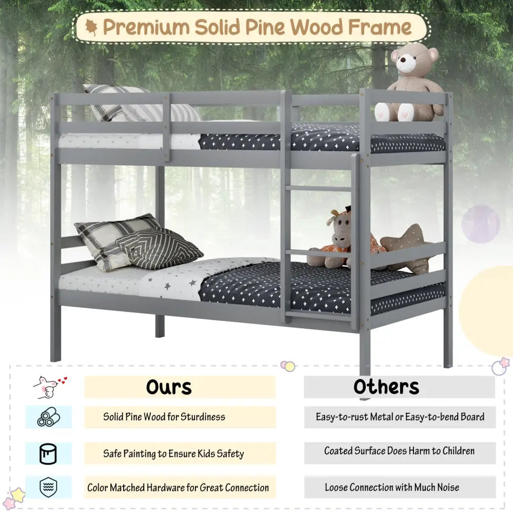 Twin Size Sturdy Wooden Bunk Beds with Ladder and Safety Rail-Gray - Gray - Bunk Bed Frame