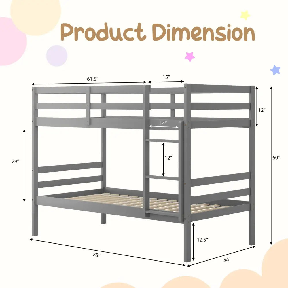 Twin Size Sturdy Wooden Bunk Beds with Ladder and Safety Rail-Gray - Gray - Bunk Bed Frame