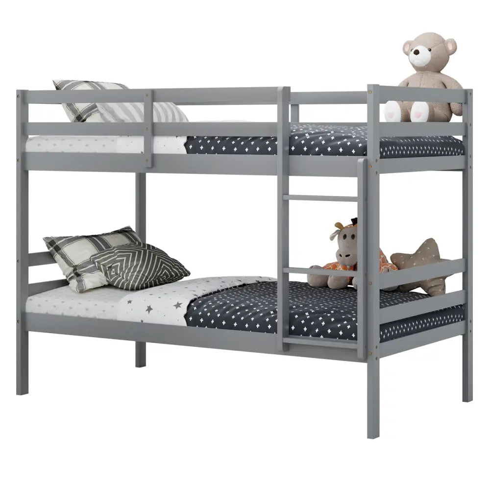 Twin Size Sturdy Wooden Bunk Beds with Ladder and Safety Rail-Gray - Gray - Bunk Bed Frame