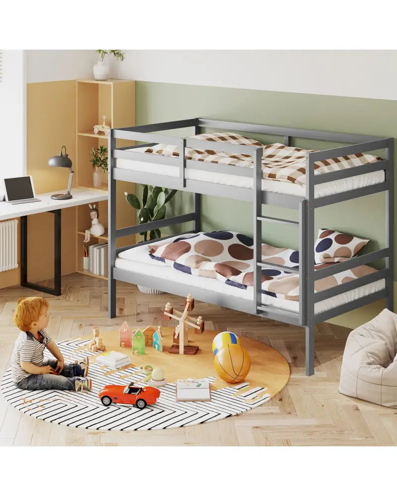 Twin Size Sturdy Wooden Bunk Beds with Ladder and Safety Rail-Gray - Gray - Bunk Bed Frame