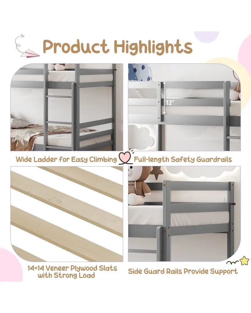 Twin Size Sturdy Wooden Bunk Beds with Ladder and Safety Rail-Gray - Gray - Bunk Bed Frame