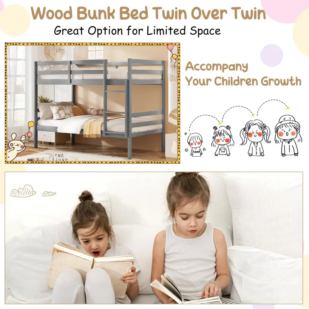 Twin Size Sturdy Wooden Bunk Beds with Ladder and Safety Rail-Gray - Gray - Bunk Bed Frame