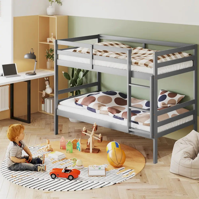 Twin Size Sturdy Wooden Bunk Beds with Ladder and Safety Rail-Gray - Gray - Bunk Bed Frame