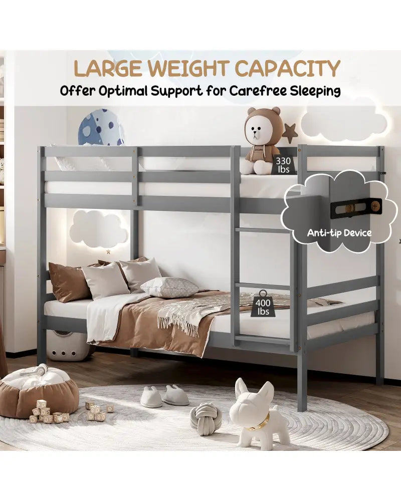 Twin Size Sturdy Wooden Bunk Beds with Ladder and Safety Rail-Gray - Gray - Bunk Bed Frame