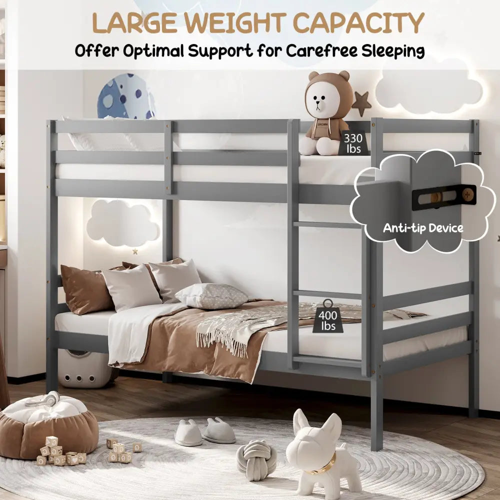 Twin Size Sturdy Wooden Bunk Beds with Ladder and Safety Rail-Gray - Gray - Bunk Bed Frame