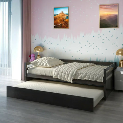 Twin Size Trundle Platform Bed Frame with Wooden Slat Support-Dark Brown - Dark Brown - Trundle Bed Frame