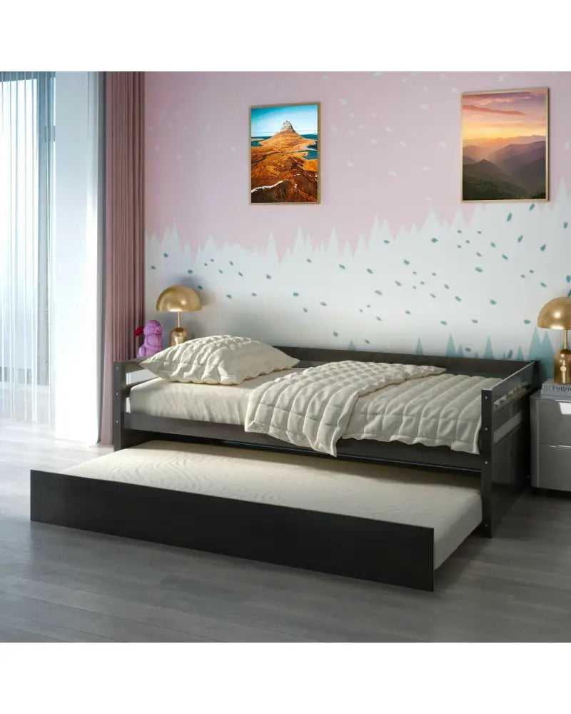 Twin Size Trundle Platform Bed Frame with Wooden Slat Support-Dark Brown - Dark Brown - Trundle Bed Frame