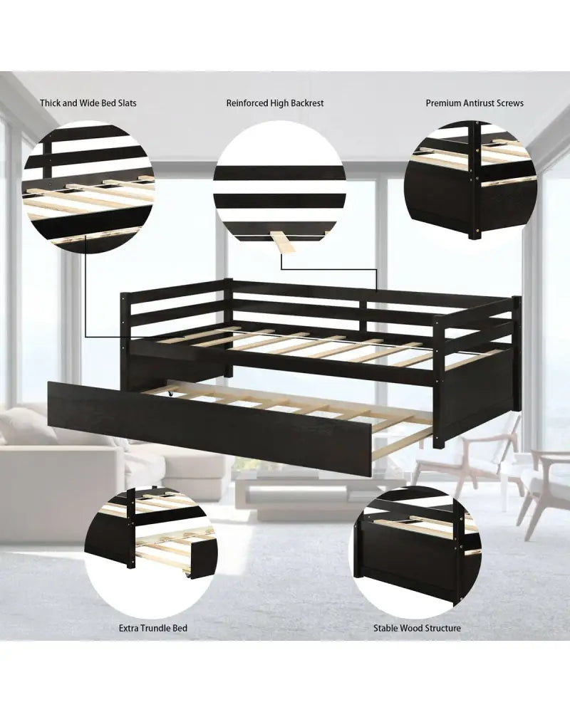 Twin Size Trundle Platform Bed Frame with Wooden Slat Support-Dark Brown - Dark Brown - Trundle Bed Frame